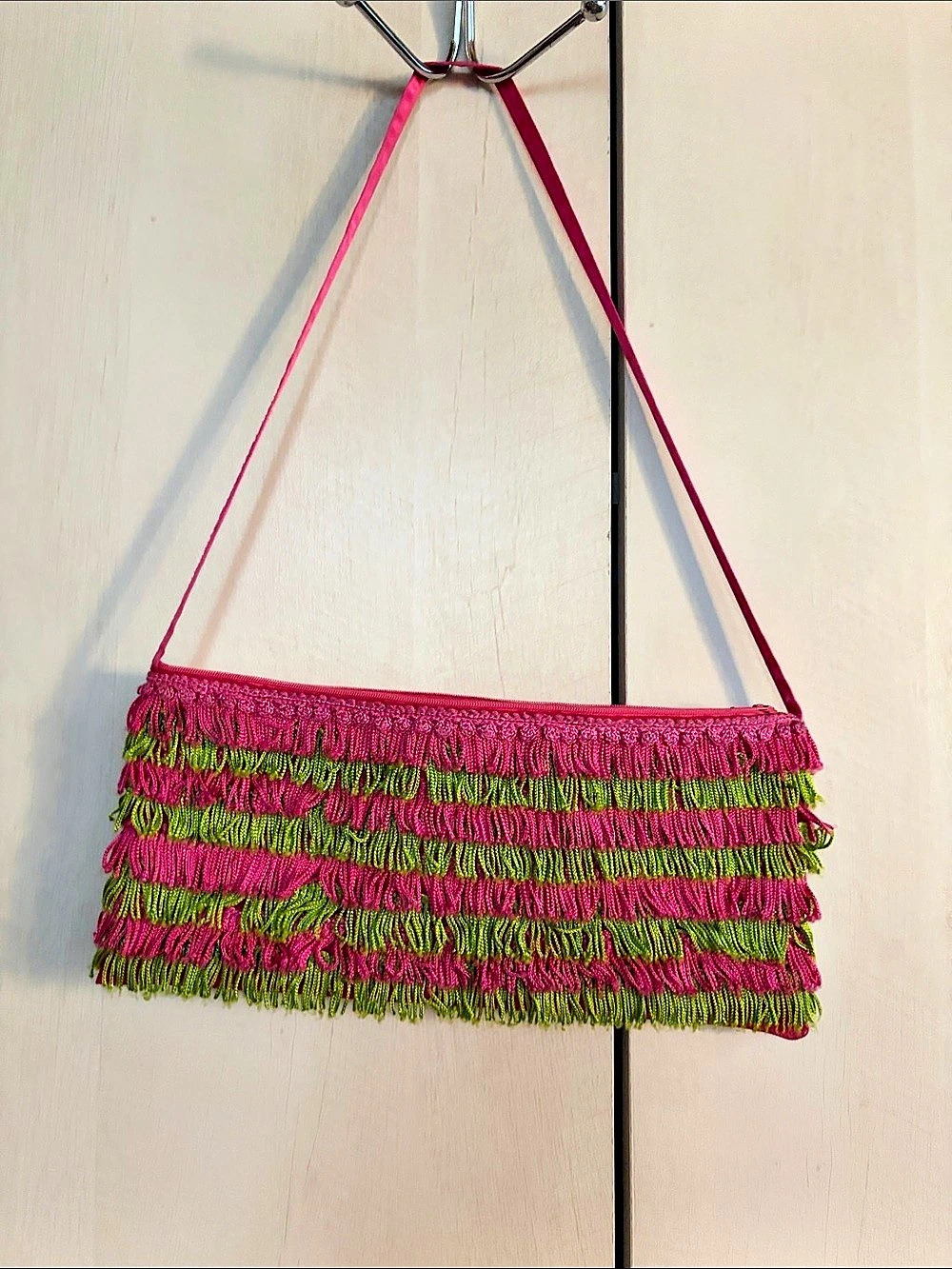 Lollie Dottie Fringe Shoulder Bag in Pink & Green Like New
